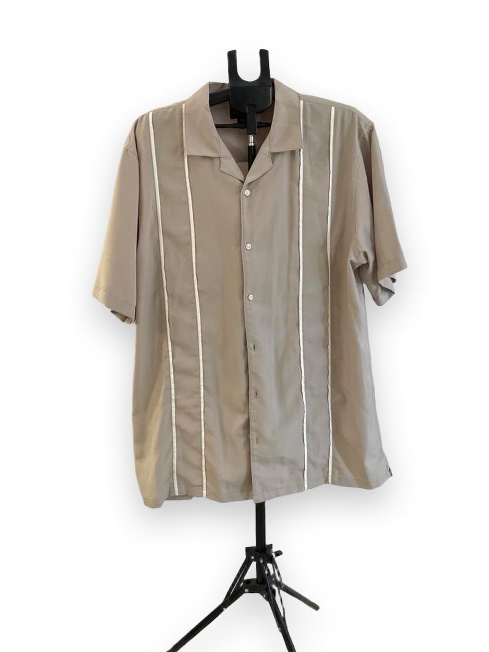 David Taylor Taupe Short Sleeve Button-Down Shirt with White Stripes